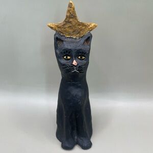 VTG Signed E Smithson Primitive Folk Art Black Cat Star Halloween 5.5” Figurine